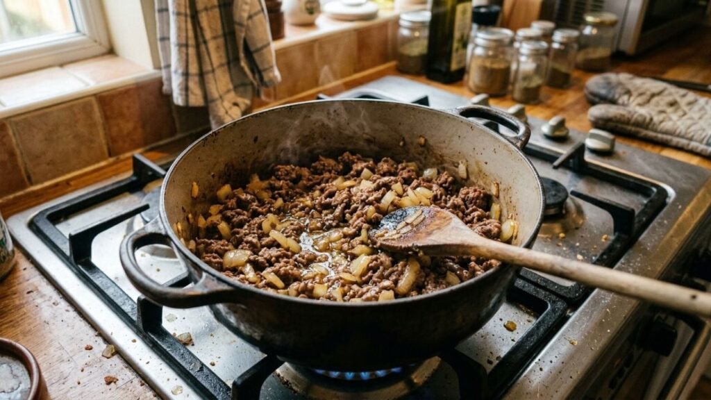 Ground beef and diced onion browning together in a large cooking pot.
