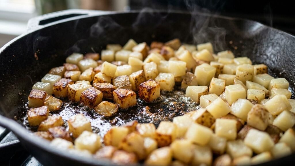 Diced potatoes developing golden-brown surfaces in a hot skillet.