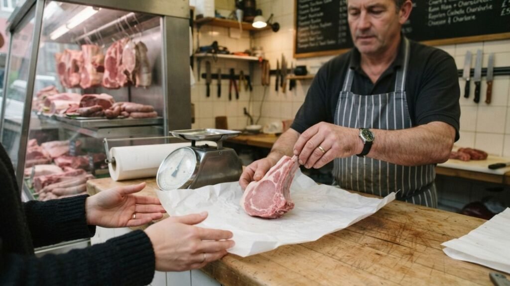Butcher handing a raw veal chop across a counter beside a commercial weighing scale.