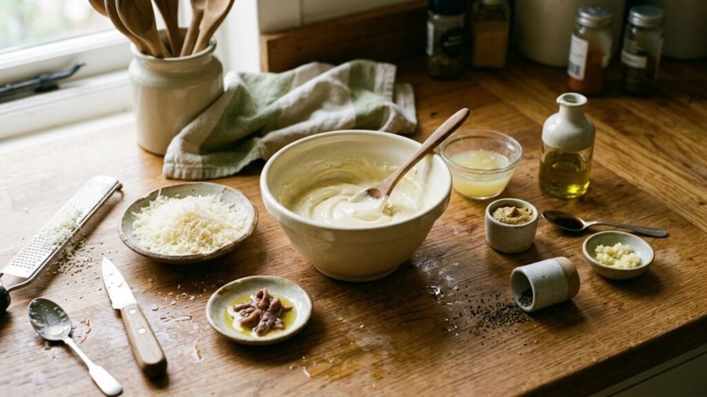 Ingredients for Caesar dressing arranged around a ceramic mixing bowl, including anchovies, Parmesan, garlic, lemon and mustard.