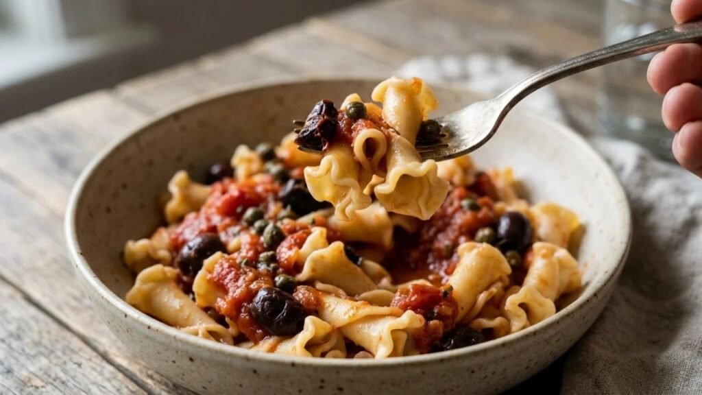 Forkful of ruffled campanelle pasta coated in tomato sauce with a black olive piece and capers.