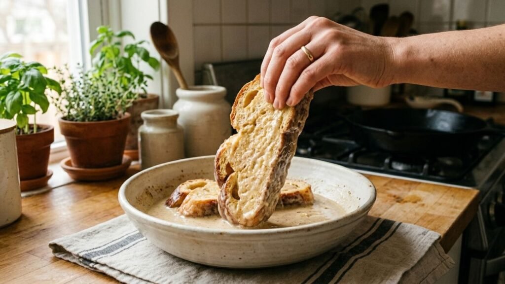 Hand lifting a thick challah slice from a bowl of French toast custard.