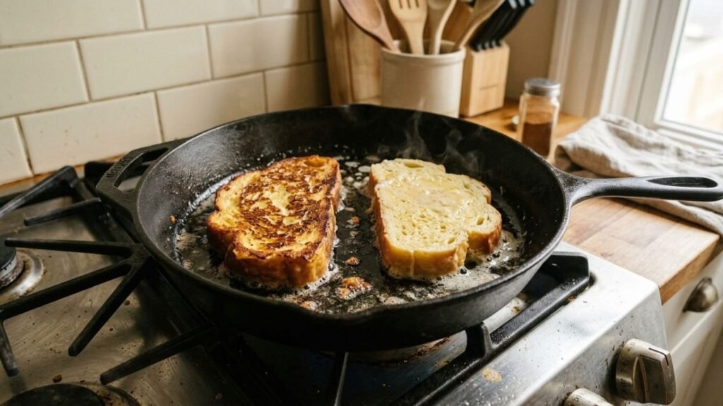 Thick challah slices browning in a wide skillet with butter and cooking oil.