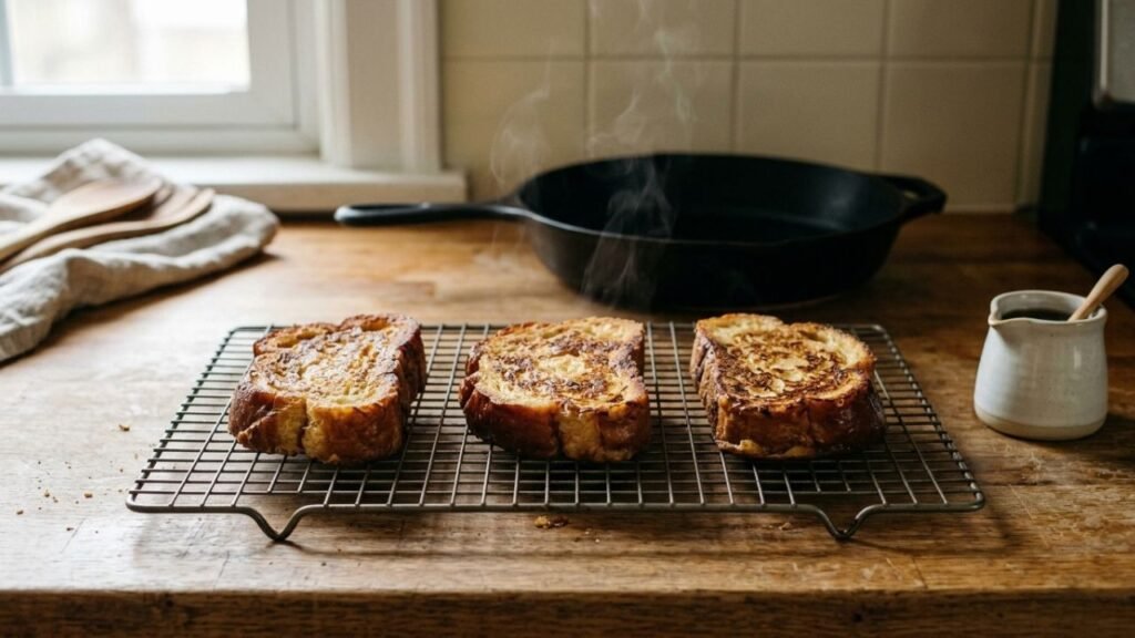 Freshly cooked French toast slices resting separately on a wire rack.