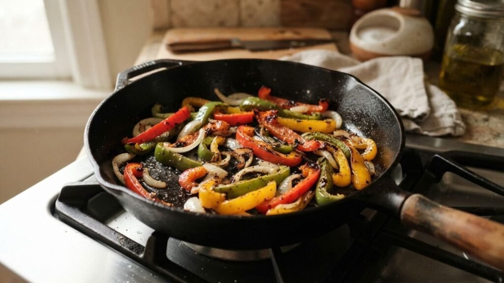 Sliced peppers and onions developing browned edges in a hot skillet.