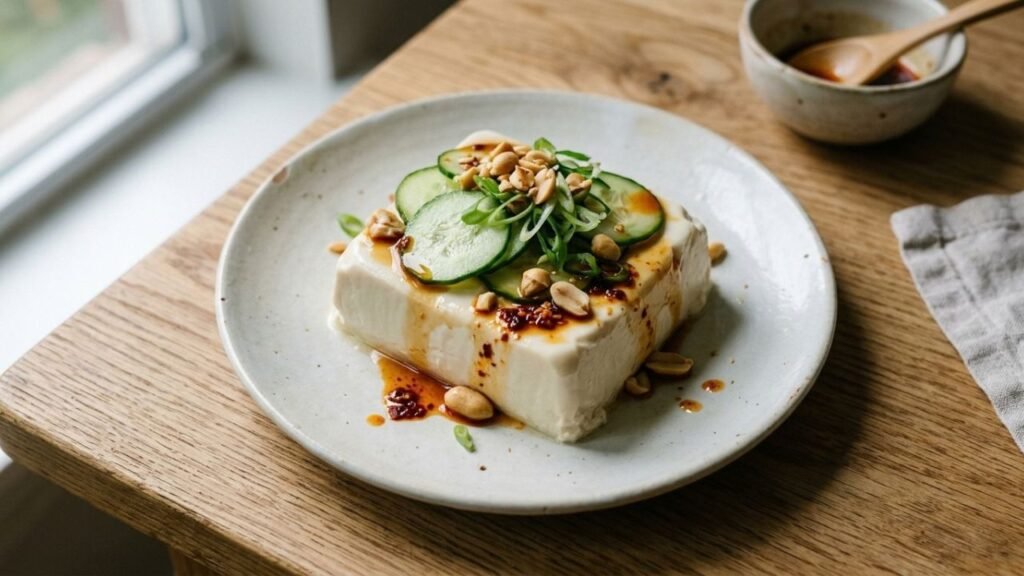 Chilled silken tofu topped with cucumber, scallions, peanuts and chili oil.