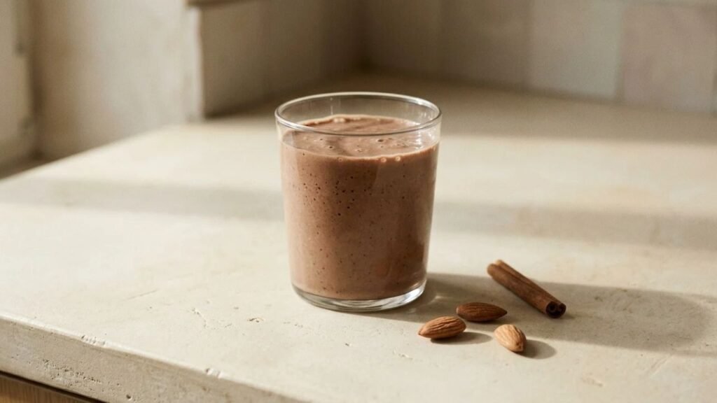 Chocolate almond smoothie with whole almonds and a cinnamon stick nearby.