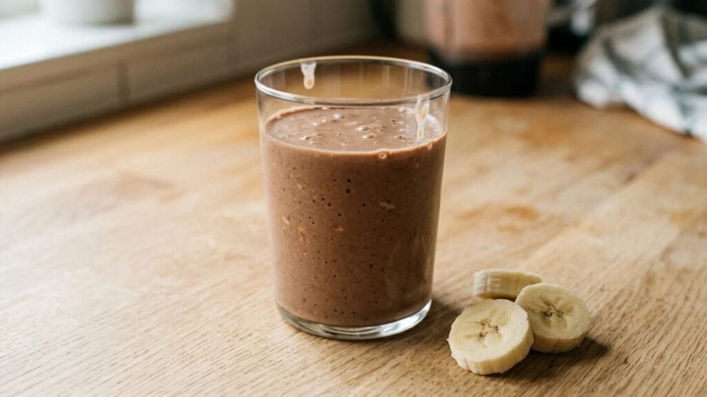Creamy chocolate banana smoothie served in a clear glass beside sliced banana.