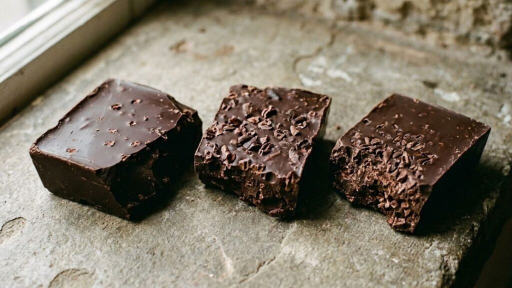 Three broken chocolate pieces showing different amounts of visible cocoa nibs.