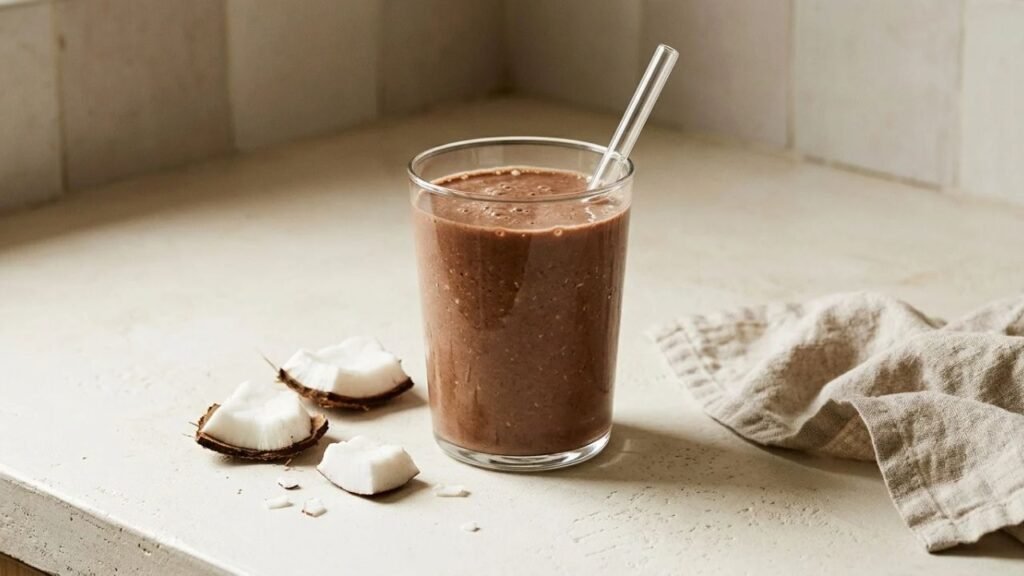 Chocolate coconut smoothie served beside pieces of fresh coconut.