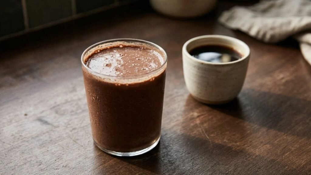 Chocolate coffee smoothie beside a small cup of black coffee.