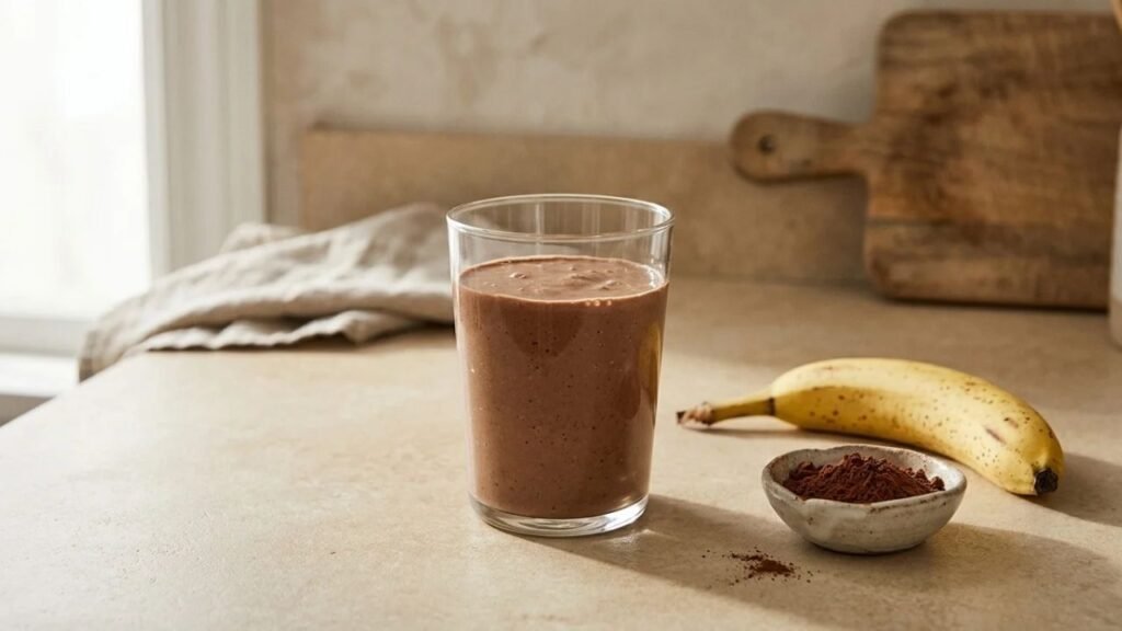 Glass of chocolate banana smoothie beside a ripe banana on a kitchen counter.