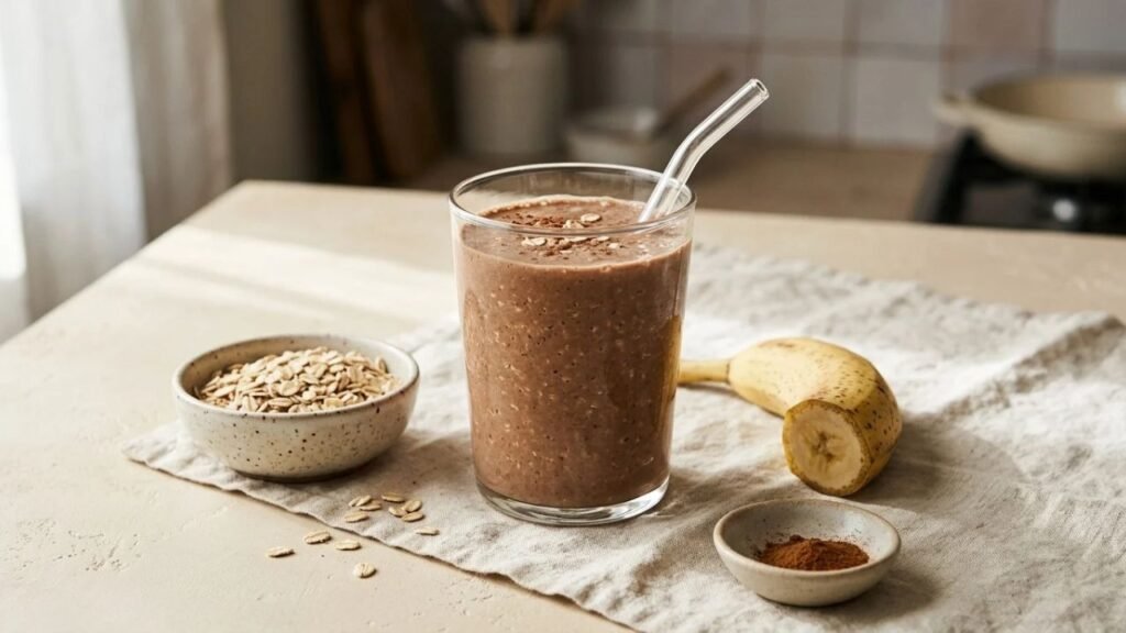 A rich chocolate smoothie accompanied by a small bowl of peanut butter.