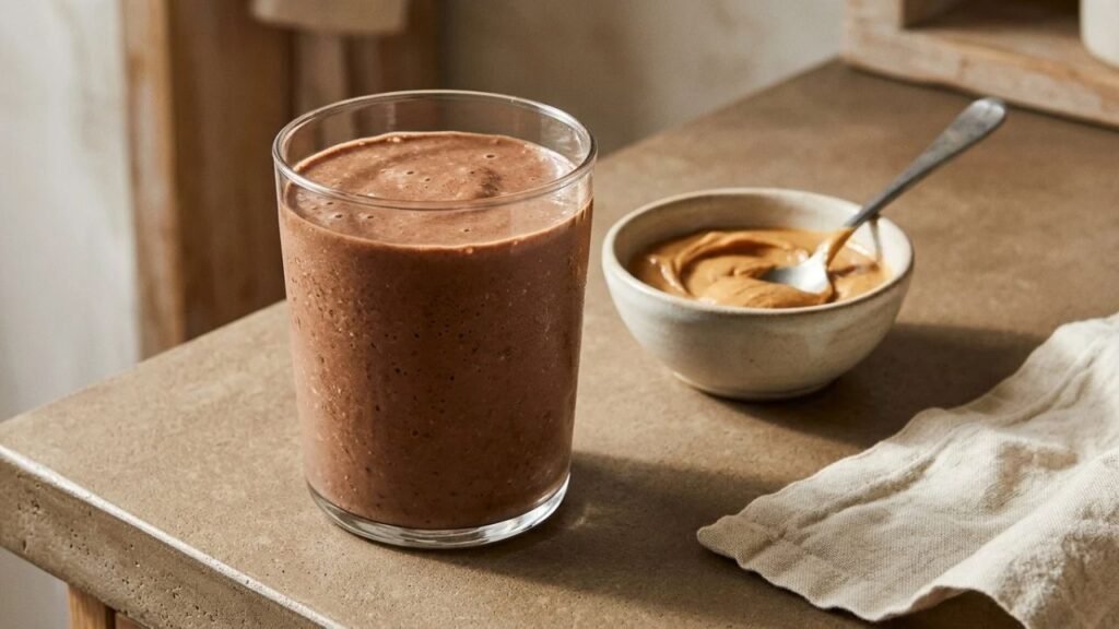 Chocolate peanut butter smoothie beside a small bowl of peanut butter.
