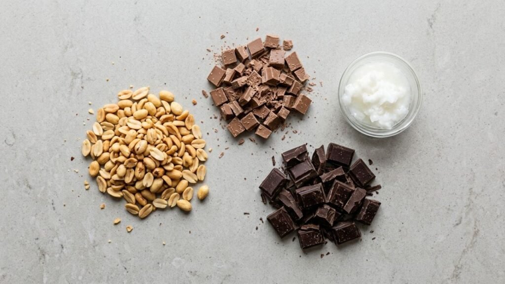 Roasted peanuts, chocolate pieces, and a small dish of coconut oil on a kitchen counter.