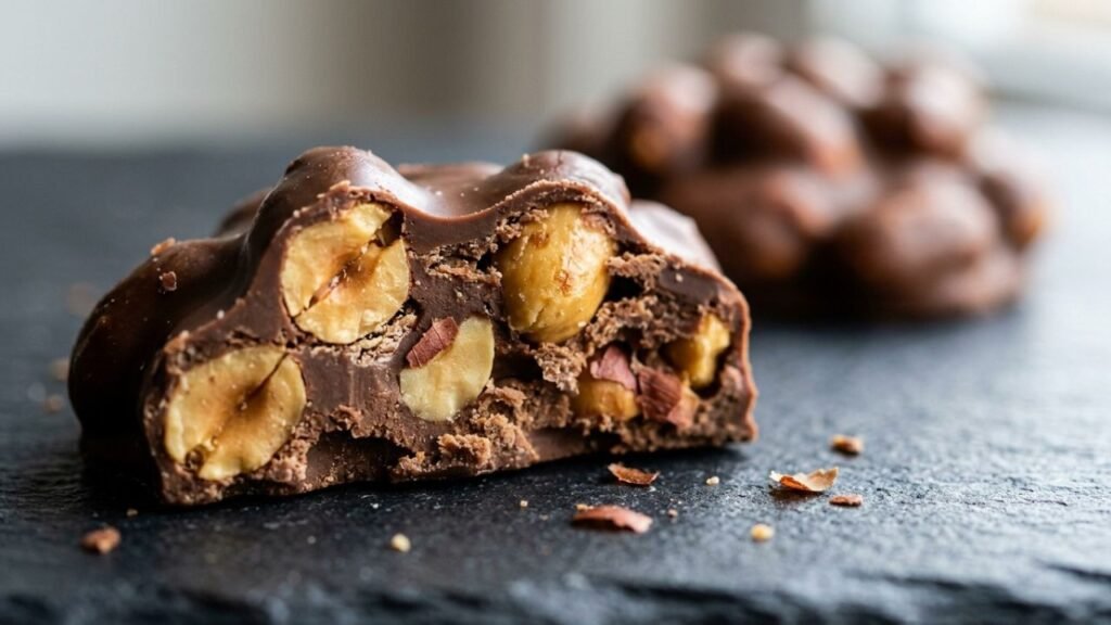 Close-up of a chocolate peanut cluster showing whole roasted peanuts in the chocolate coating.