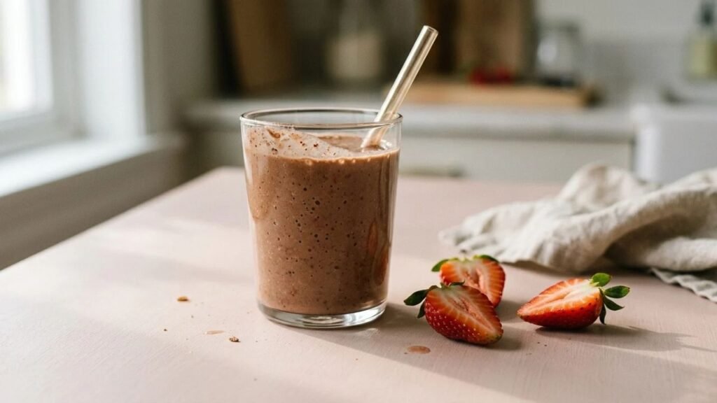 Chocolate strawberry smoothie served beside two halved fresh strawberries.