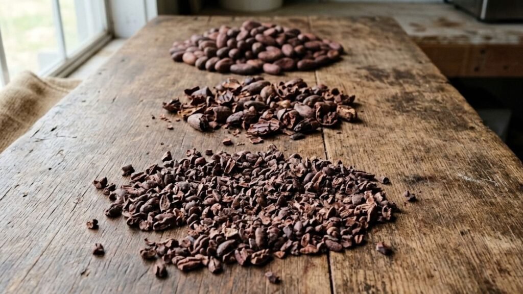Whole cocoa beans, cracked cocoa pieces and loose cocoa nibs arranged together.