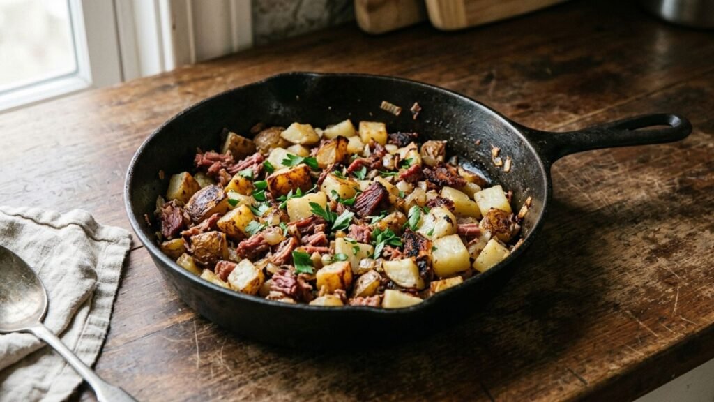 Corned beef hash with golden potato cubes and browned meat in a cast-iron skillet.