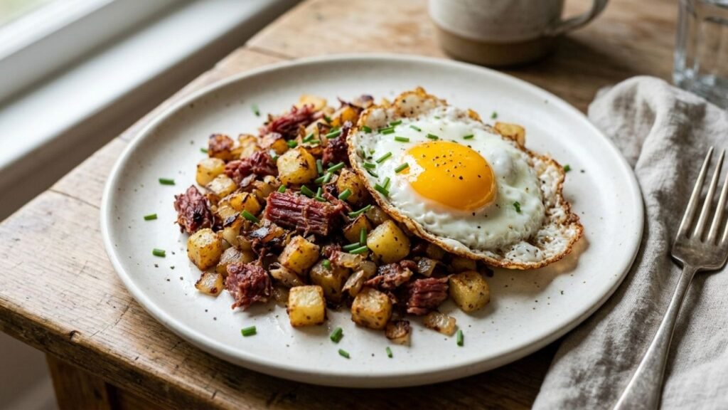 Corned beef hash served on a ceramic plate with a fried egg and chopped chives.