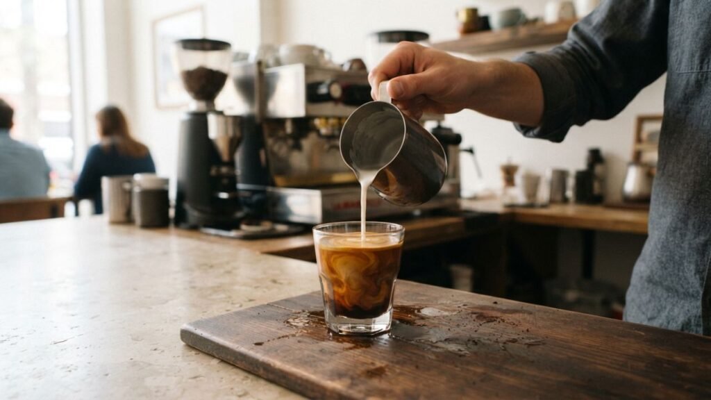 Hand pouring warm milk into a small glass of dark espresso.