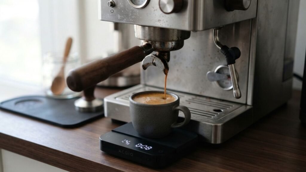 Dark espresso streaming from a portafilter into a small cup.