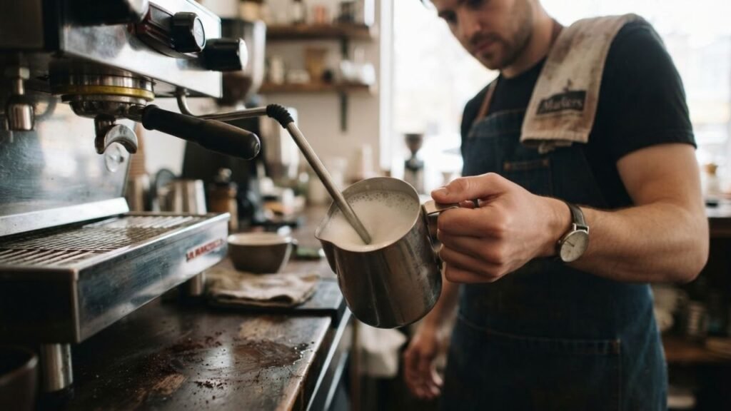 Hand steaming milk in a pitcher until it forms a smooth, glossy texture.
