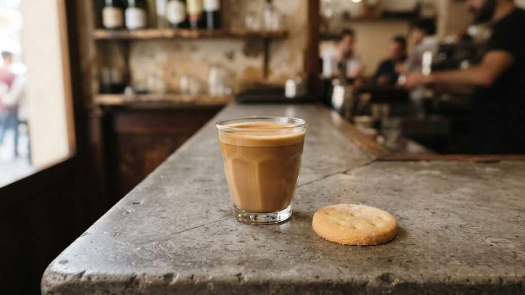Small glass of cortado beside a butter biscuit on a café counter.