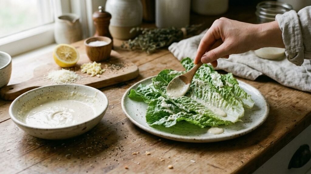 Creamy Caesar dressing being spooned over crisp romaine lettuce beside a bowl of dressing.