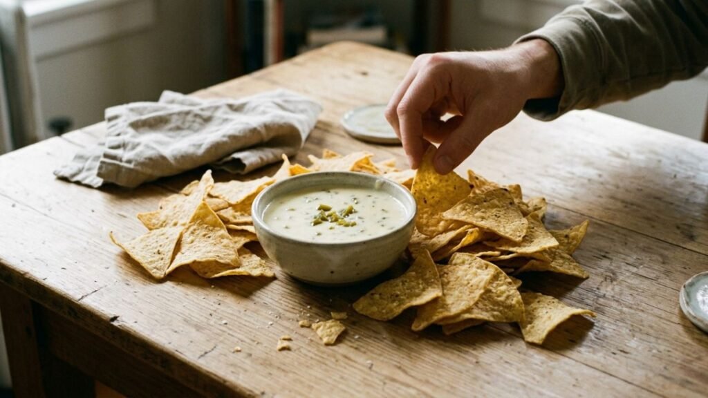 Bowl of white queso dip surrounded by corn tortilla chips as a hand reaches toward the bowl.