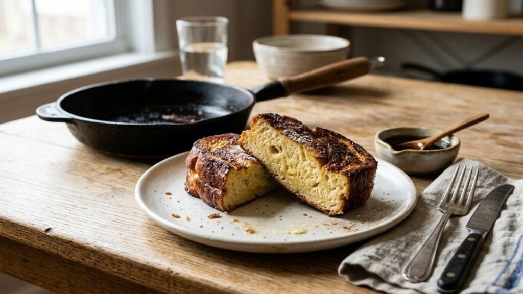 Thick-cut challah French toast showing a browned crust and soft custardy center beside a skillet.