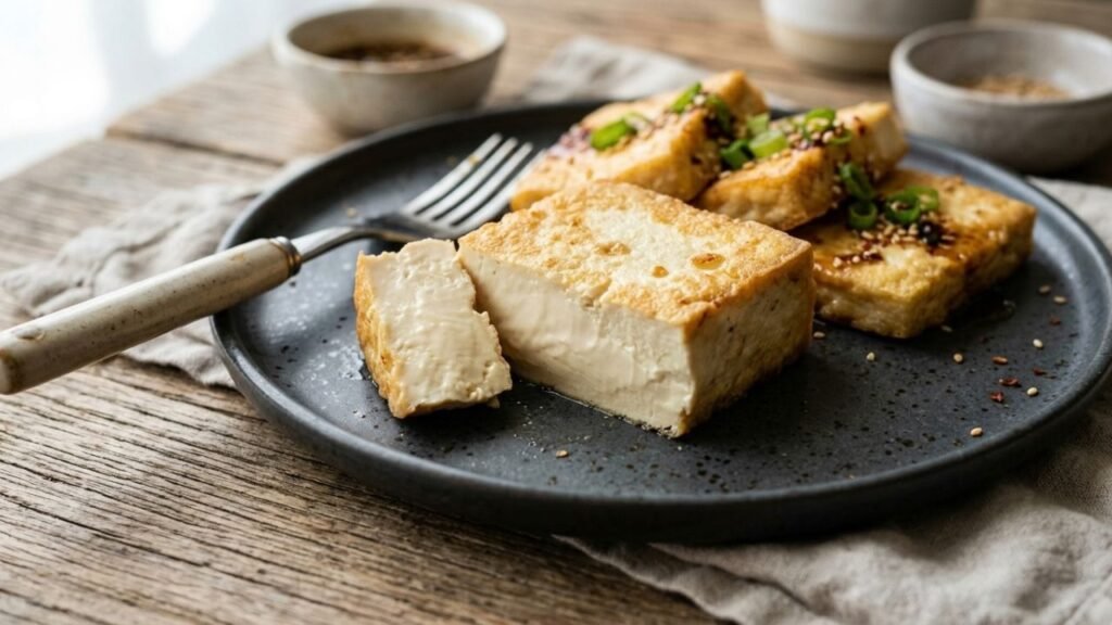 The appeal of pan-fried silken tofu is the contrast between its lightly crisped exterior and soft center.