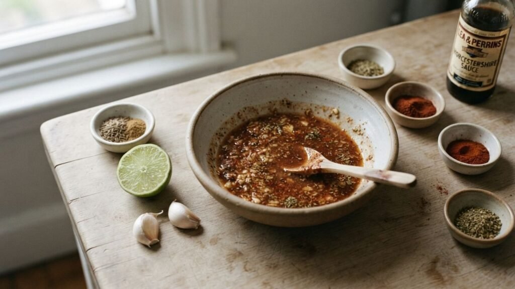 Bowl of lime-based fajita marinade surrounded by garlic, lime, and ground spices.