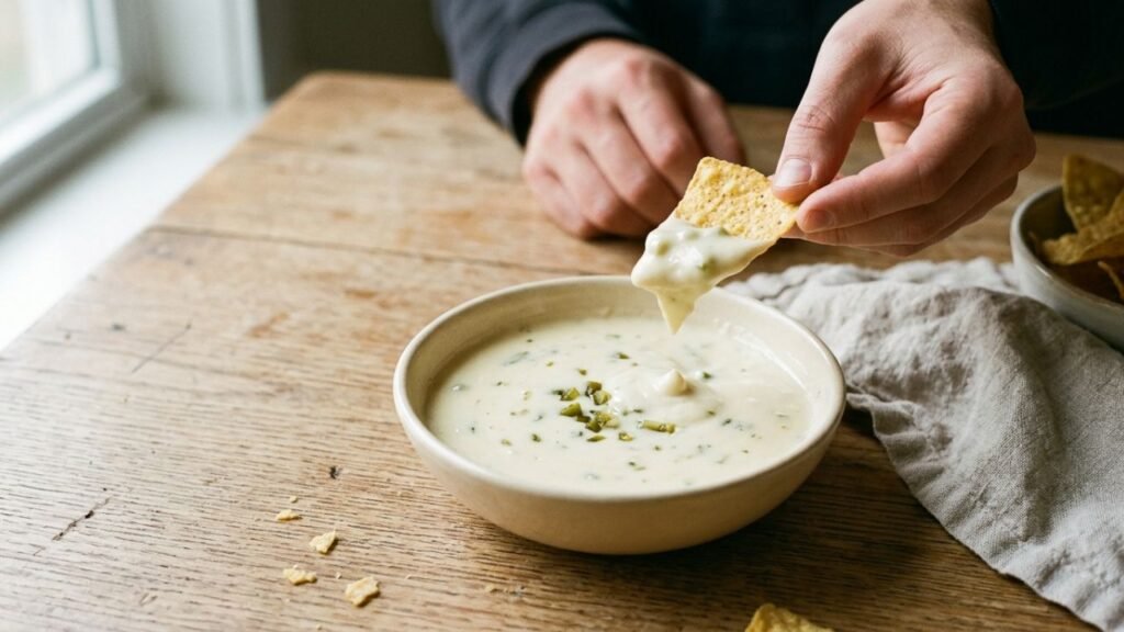 Hand lifting a tortilla chip topped with creamy white queso flecked with green peppers.
