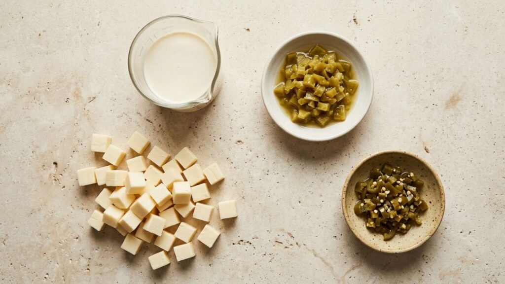 Cubed white American cheese, evaporated milk, diced green chiles, and chopped pickled jalapeños arranged separately on a kitchen surface.