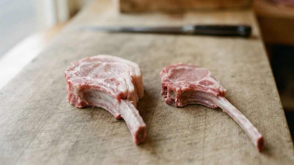 Two Frenched veal chops showing different amounts of exposed rib bone and meat surrounding the bone.