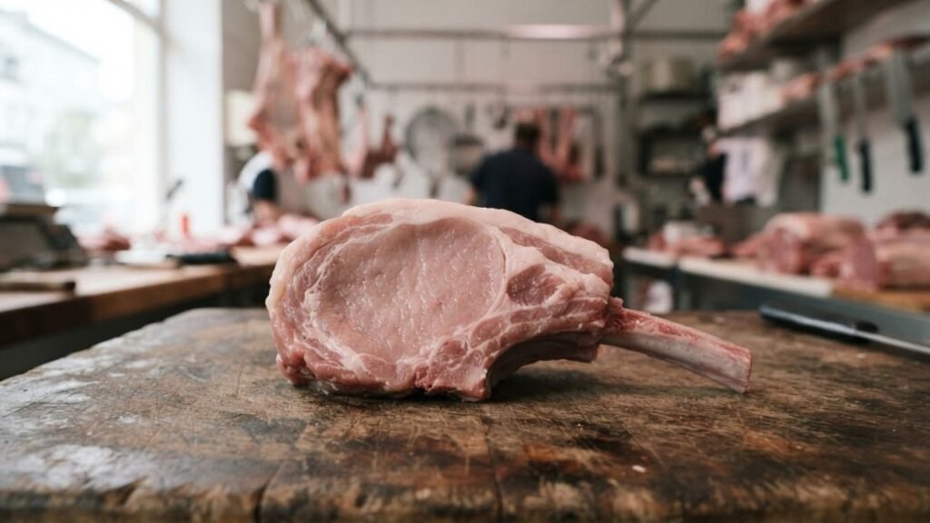 Raw Frenched veal chop with a clean exposed rib bone and a substantial portion of pale pink meat.