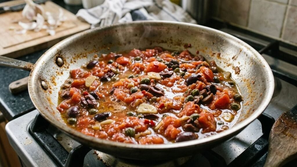 Chopped tomatoes simmering with black olives, capers and sliced garlic in a shallow pan.