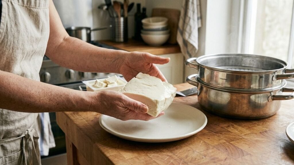 Hands carefully placing an intact block of silken tofu onto a ceramic plate beside a steamer.