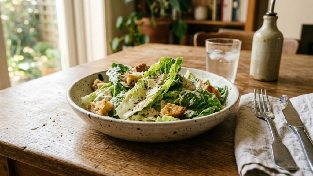 Bowl of homemade Caesar salad with crisp romaine, Parmesan, croutons and creamy dressing on a dining table.