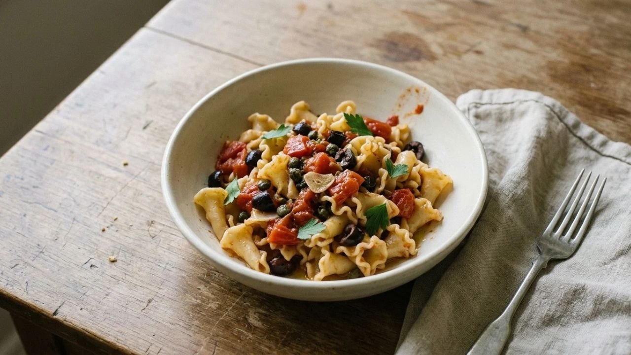 Homemade Campanelle Pasta with Fresh Puttanesca Sauce