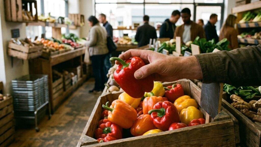 Hand selecting a firm sweet pepper from a fresh produce display.