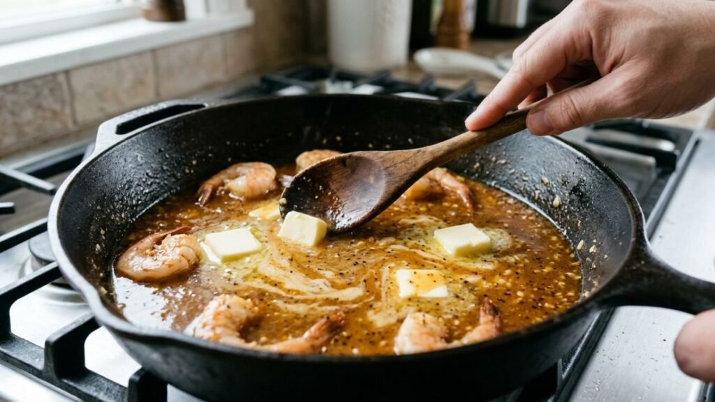Cold butter cubes being stirred into a warm, black pepper-flecked sauce in a skillet.