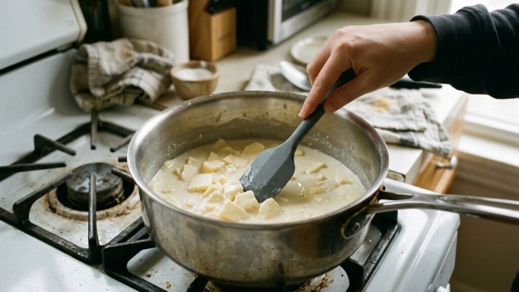 A hand stirs partially melted white cheese into evaporated milk in a saucepan.