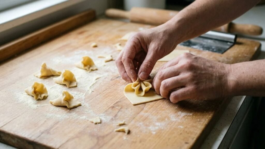 Hands shaping a square of fresh pasta dough into a ruffled campanelle form on a floured work surface.