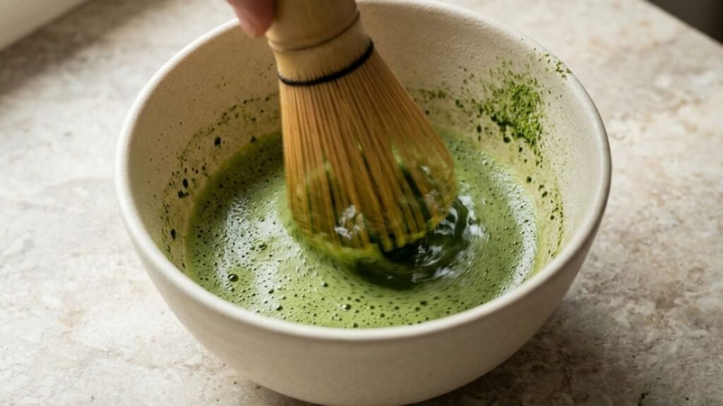 Bamboo whisk mixing bright green matcha in a small ceramic bowl.