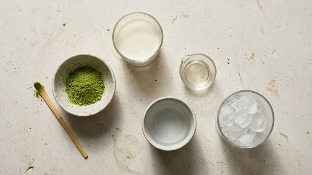 Matcha powder, milk, sweetener, warm water and ice arranged on a pale countertop.