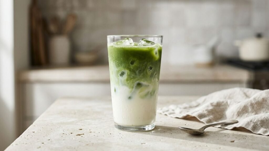 Layered green matcha and white milk in a tall glass filled with ice.