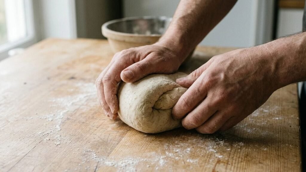 Hands knead a firm ball of wheat dough on a lightly floured wooden surface.