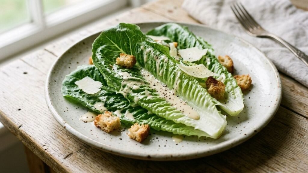 Crisp romaine leaves lightly coated with creamy Caesar dressing, Parmesan and a few croutons.